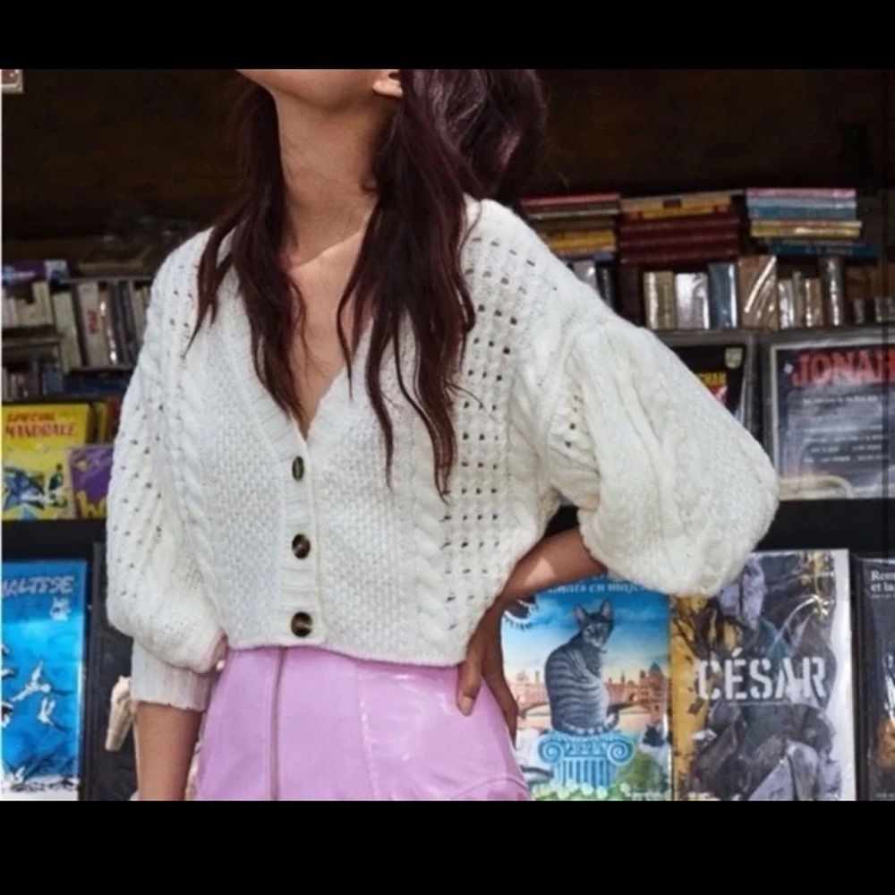 For Love & Lemons Mollie Cropped Cardigan Sweater Cream size Medium